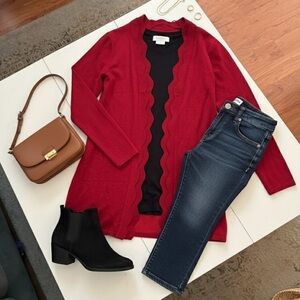 Cocobleu Red Scalloped Edge Cardigan Sweater Holiday Statement Classic Gold